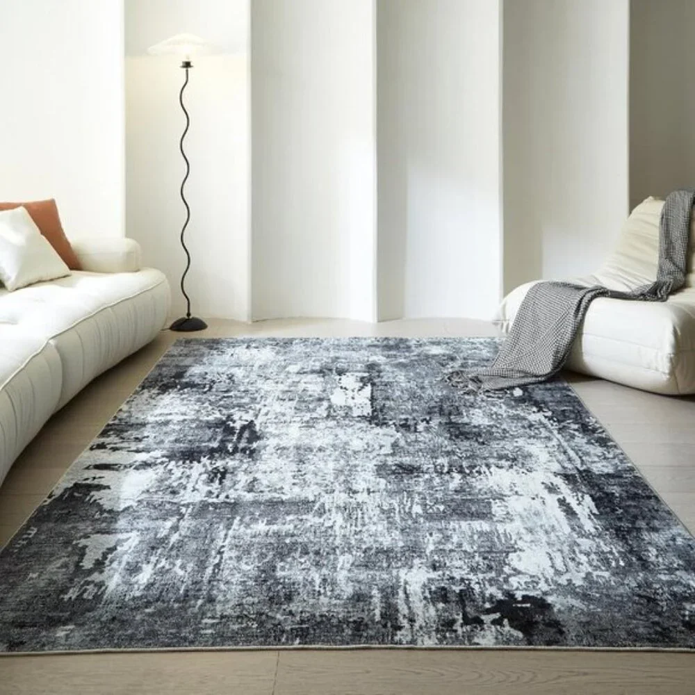New 5x7 Washable Area Rug, Soft Faux Wool Non-Slip Carpet in Grey and Black